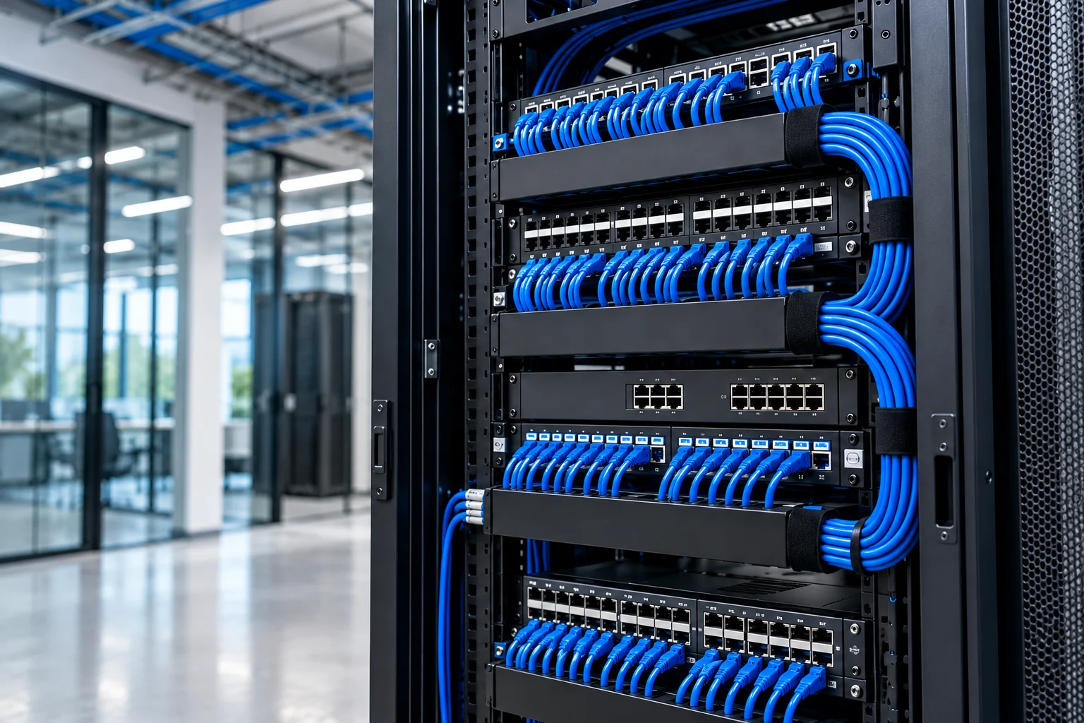 Rack de comunicaciones con cableado azul organizado en un espacio empresarial